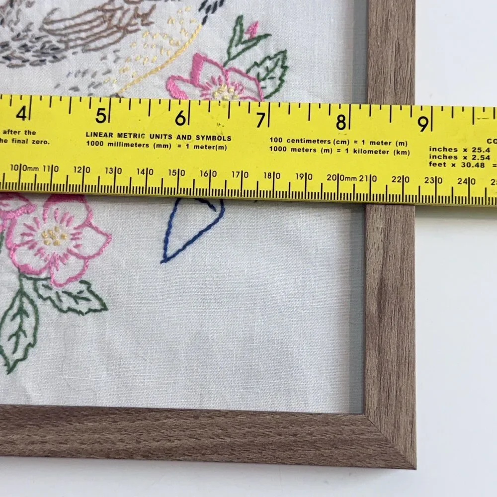 Handmade Vintage Embroidered North Dakota State Bird & Flower Framed 9x9”
